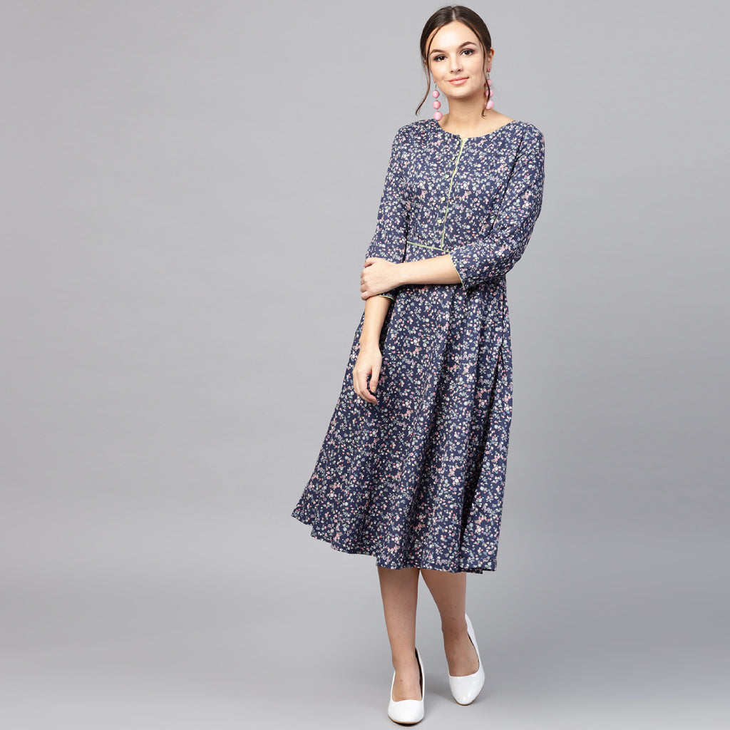 Women Navy Blue & Pink Printed Fit and Flare Dress