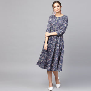 Women Navy Blue & Pink Printed Fit and Flare Dress