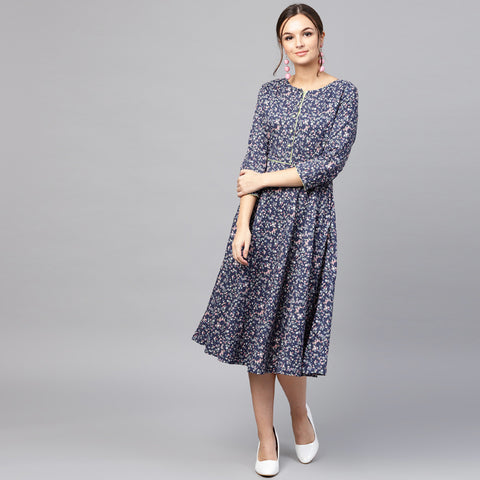 Women Navy Blue & Pink Printed Fit and Flare Dress